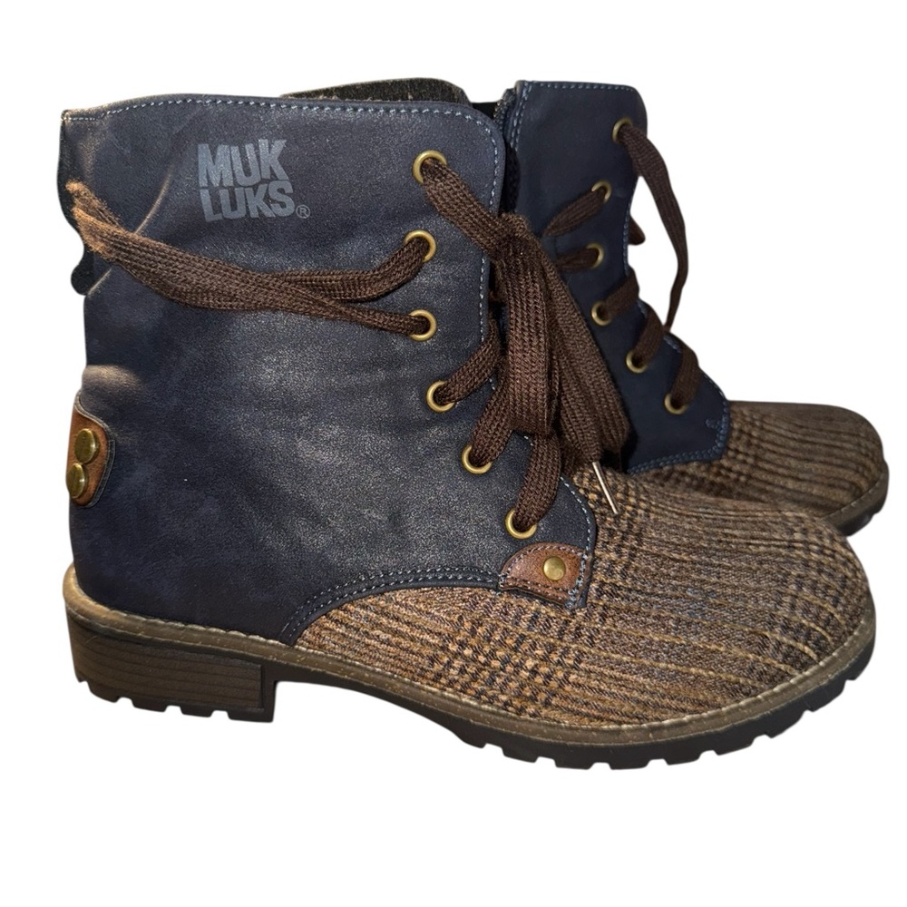 Muk Luks Blue and Brown Plaid Lace-Up Boots